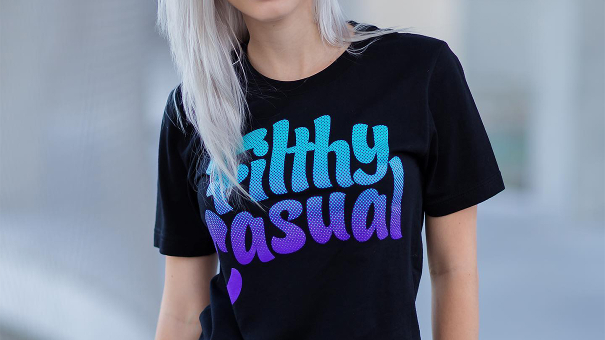 Blue and purple text 'Filthy Casual' on a black t-shirt