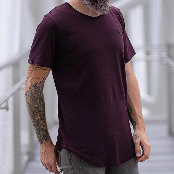 Oxblood curved hem t-shirt with hem tag on sleeve