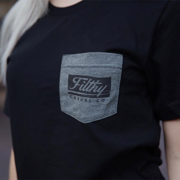 Pocket print 'Filthy Casual Co' grey pocket on a black t-shirt